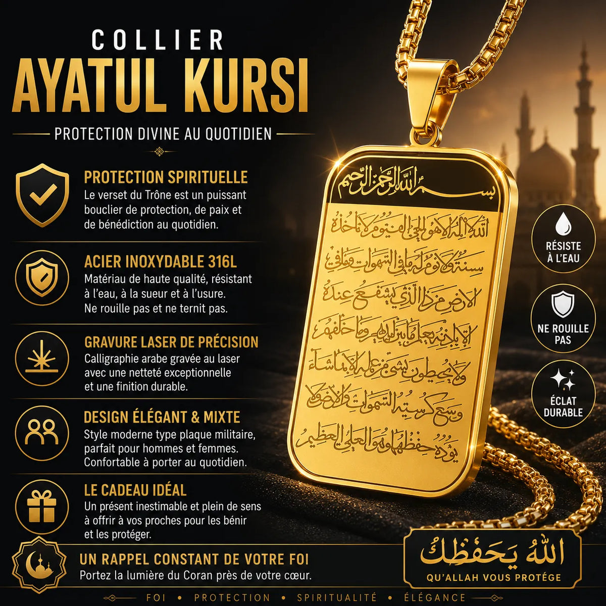 Collier Ayatul Kursi™ – Protection Divine et Élégance