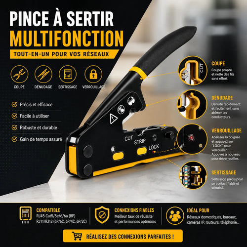 Kit Professionnel Pince à Sertir RJ45 | Sertissage, Coupe, Dénudage & Testeur de Câbles