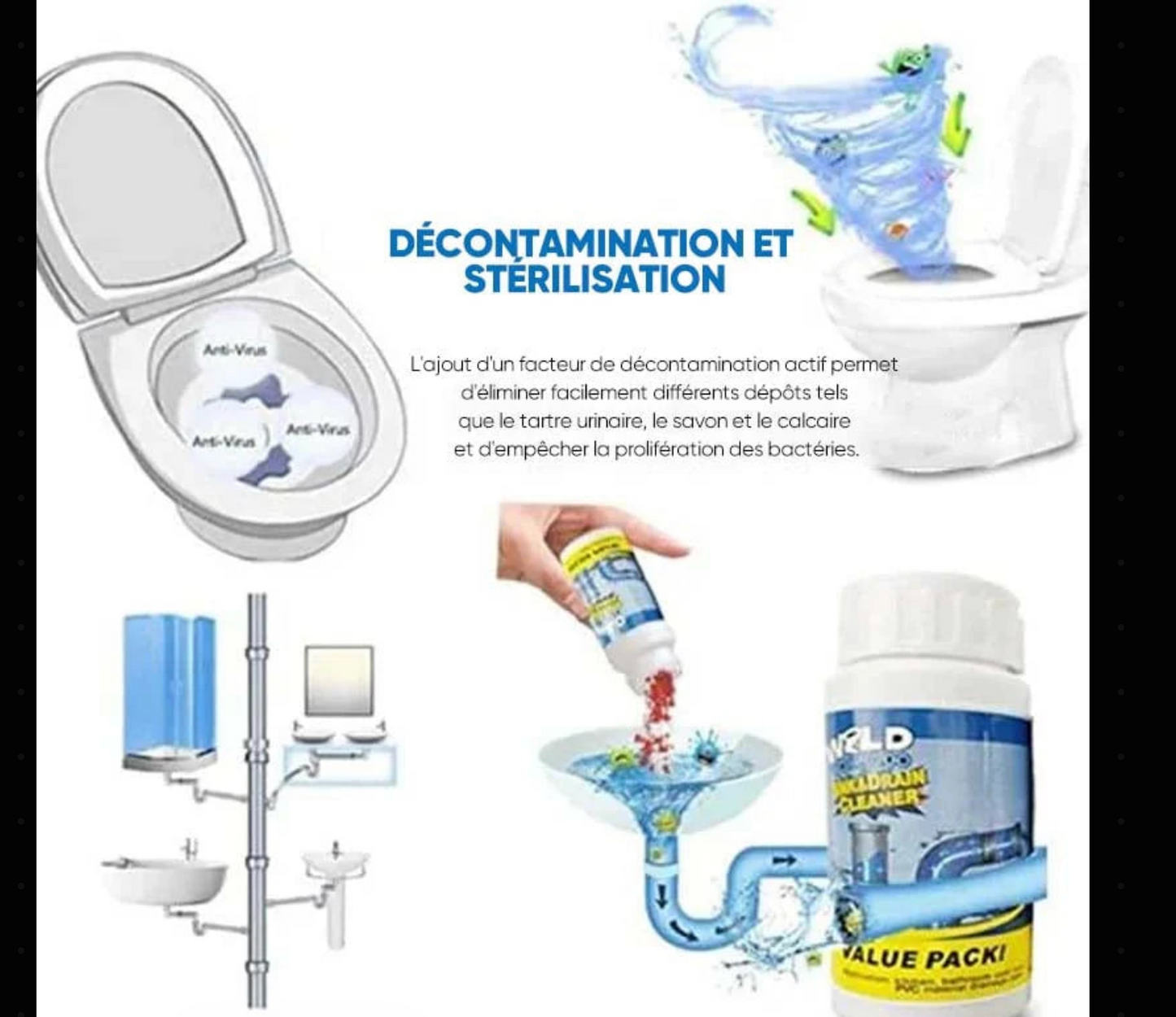 Déboucheur Nettoyant Puissant pour Éviers et Canalisations