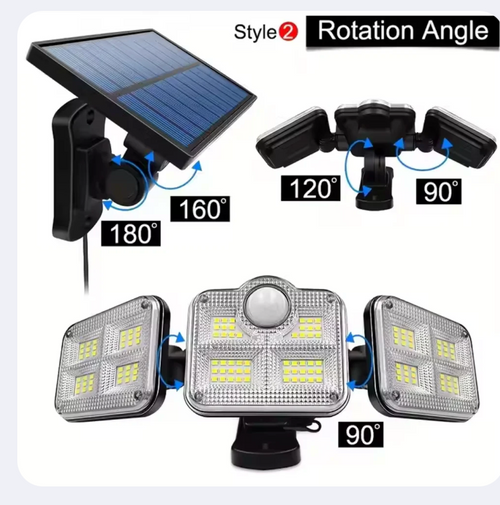 Éclairage Extérieur Solaire À 3 Têtes Orientables – 122 LED Ultra Puissantes, Étanche, 3 Modess