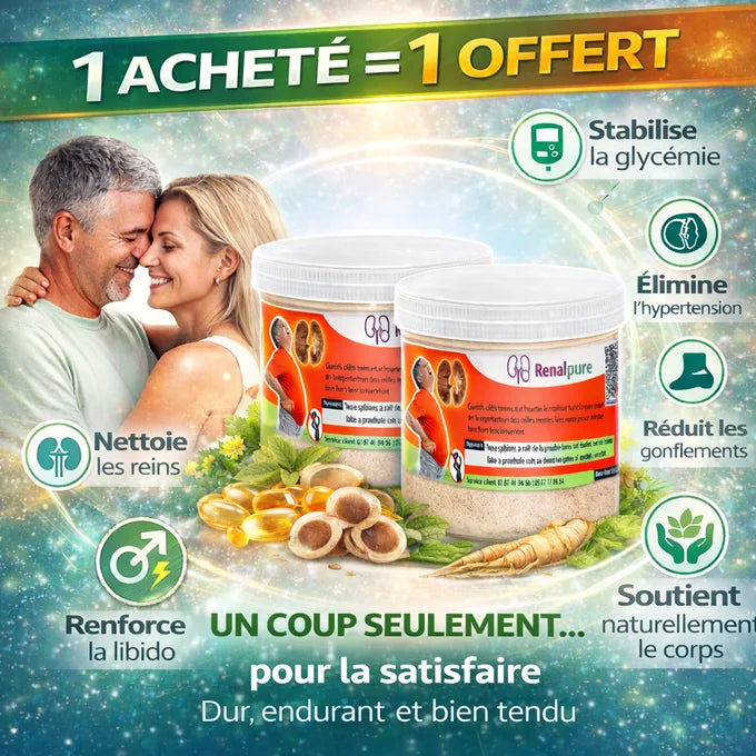 RenalPur™ nettoie les reins, stabilise la glycémie et la tension, et aide à renforcer la puissance sexuel dès la première prise
